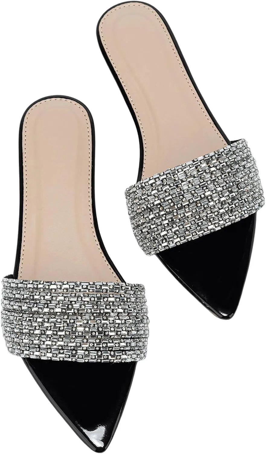GORGLITTER Women's Rhinestone Sandals Sparkly Pointed Open Toe Dressy Summer Flat Sandals
