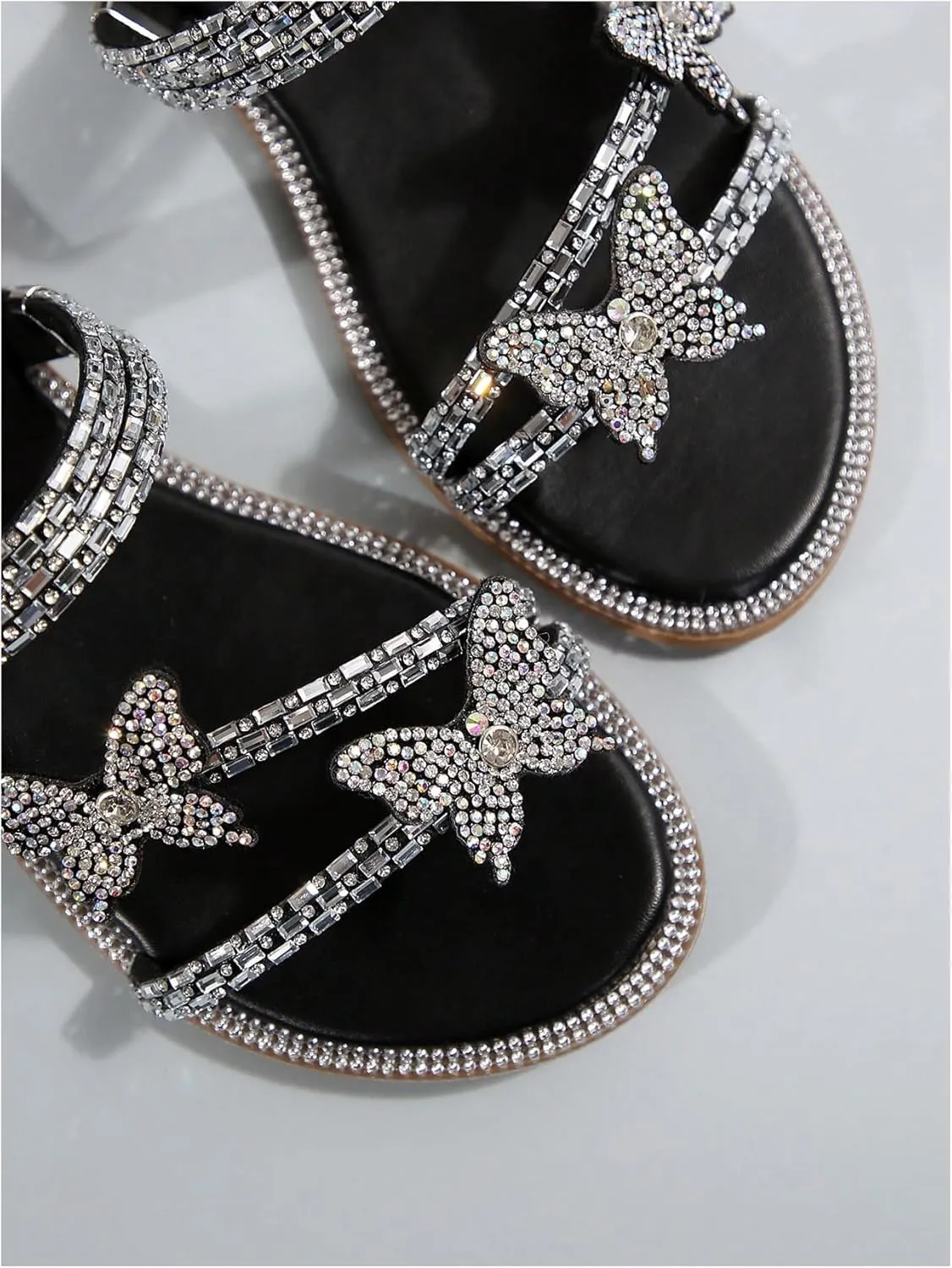 GORGLITTER Women's Sparkly Rhinestone Flat Sandals Glitter Bling Butterfly Strappy Open Toe Slides