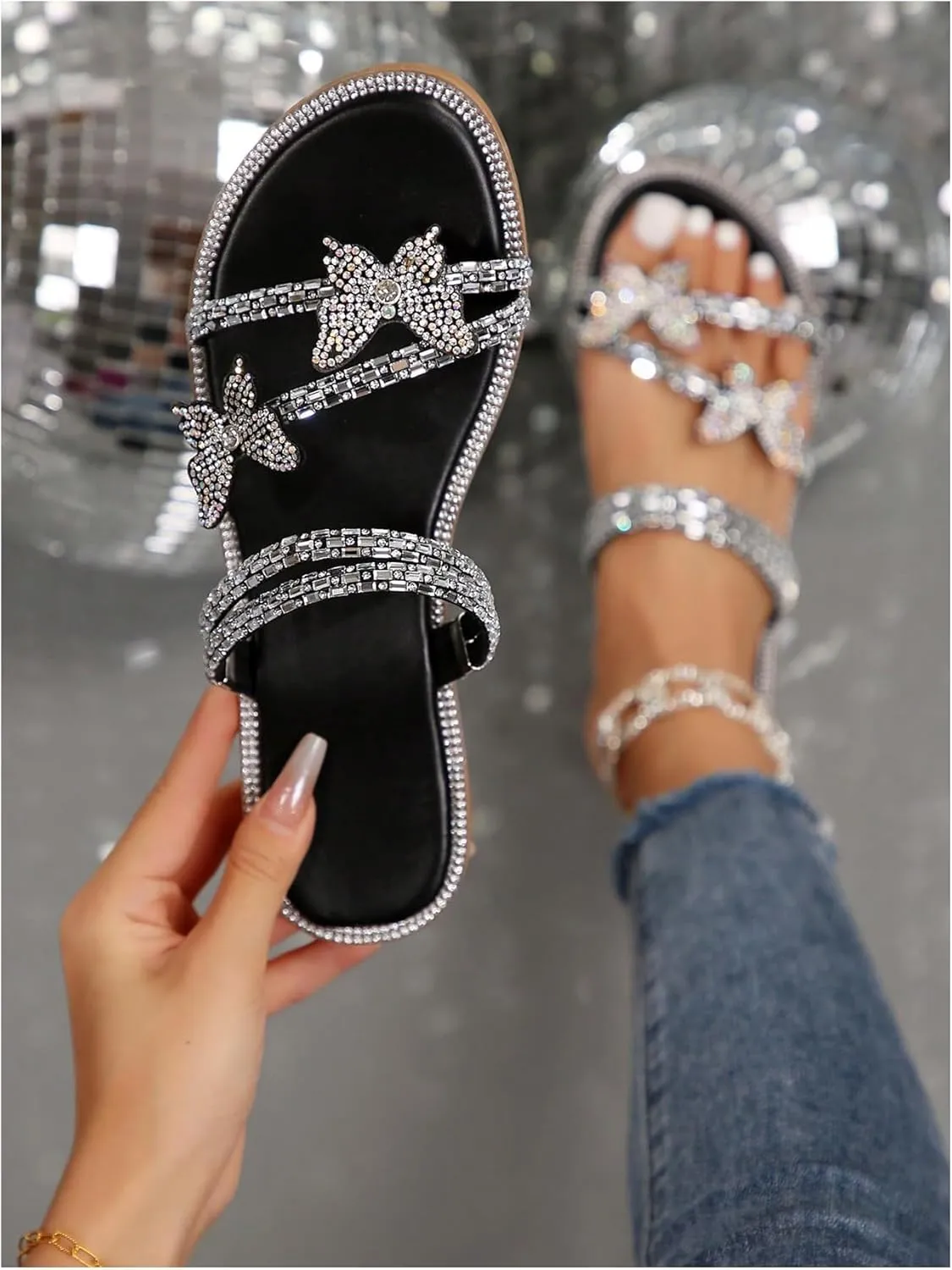 GORGLITTER Women's Sparkly Rhinestone Flat Sandals Glitter Bling Butterfly Strappy Open Toe Slides