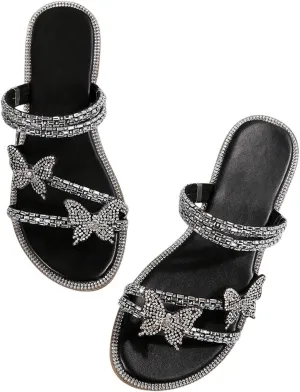 GORGLITTER Women's Sparkly Rhinestone Flat Sandals Glitter Bling Butterfly Strappy Open Toe Slides