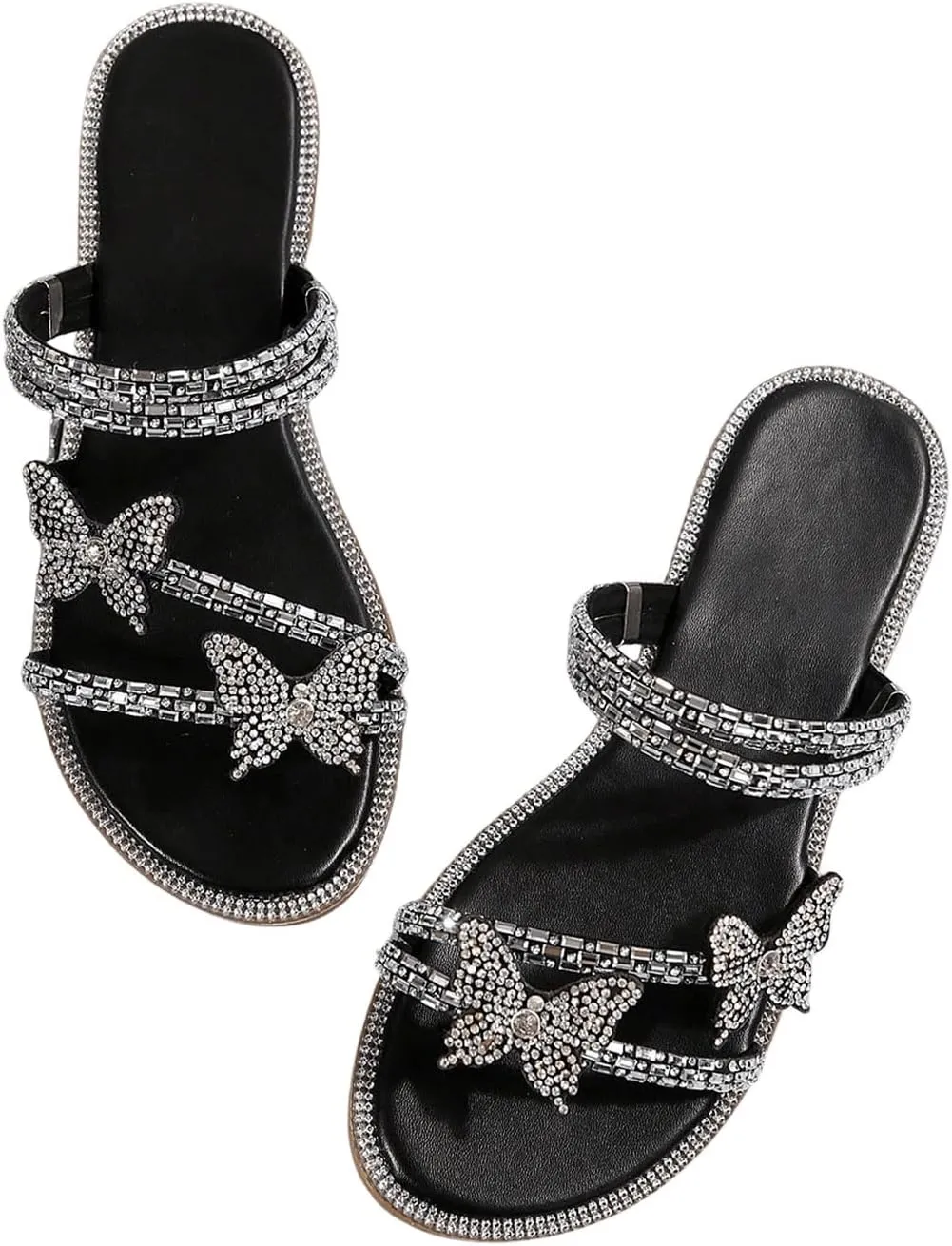 GORGLITTER Women's Sparkly Rhinestone Flat Sandals Glitter Bling Butterfly Strappy Open Toe Slides