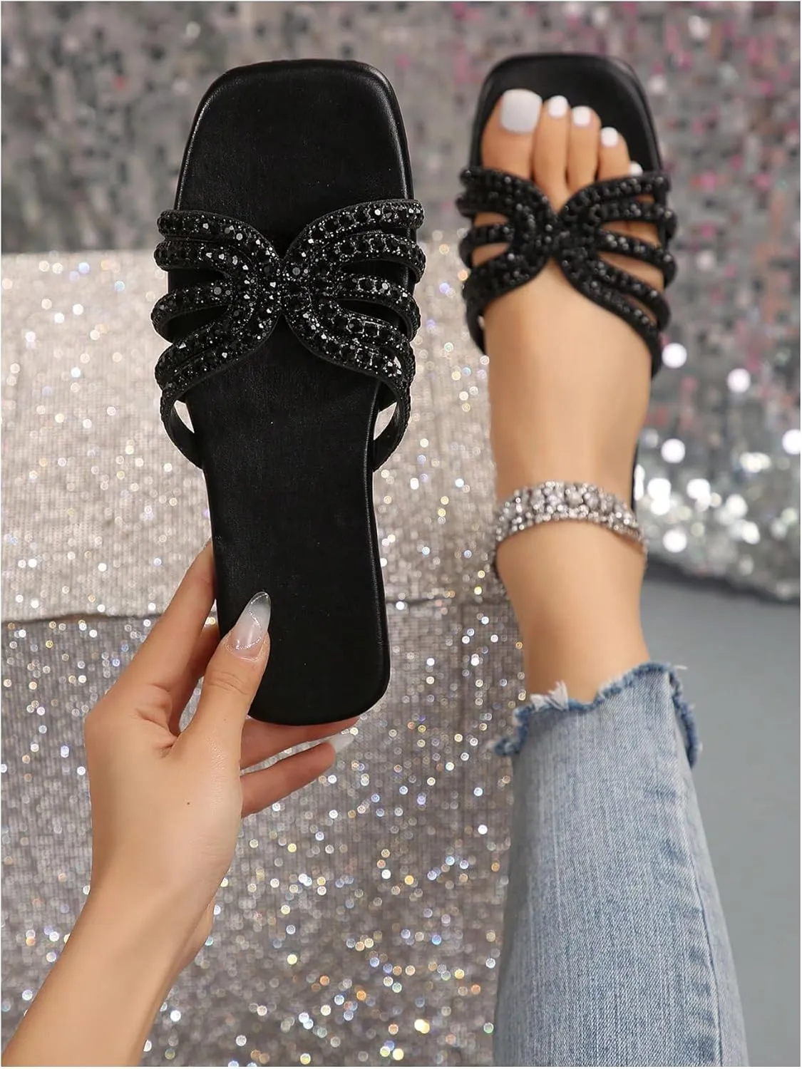GORGLITTER Women's Sparkly Rhinestone Flat Sandals Metallic Slip On Open Toe Slide Sandals
