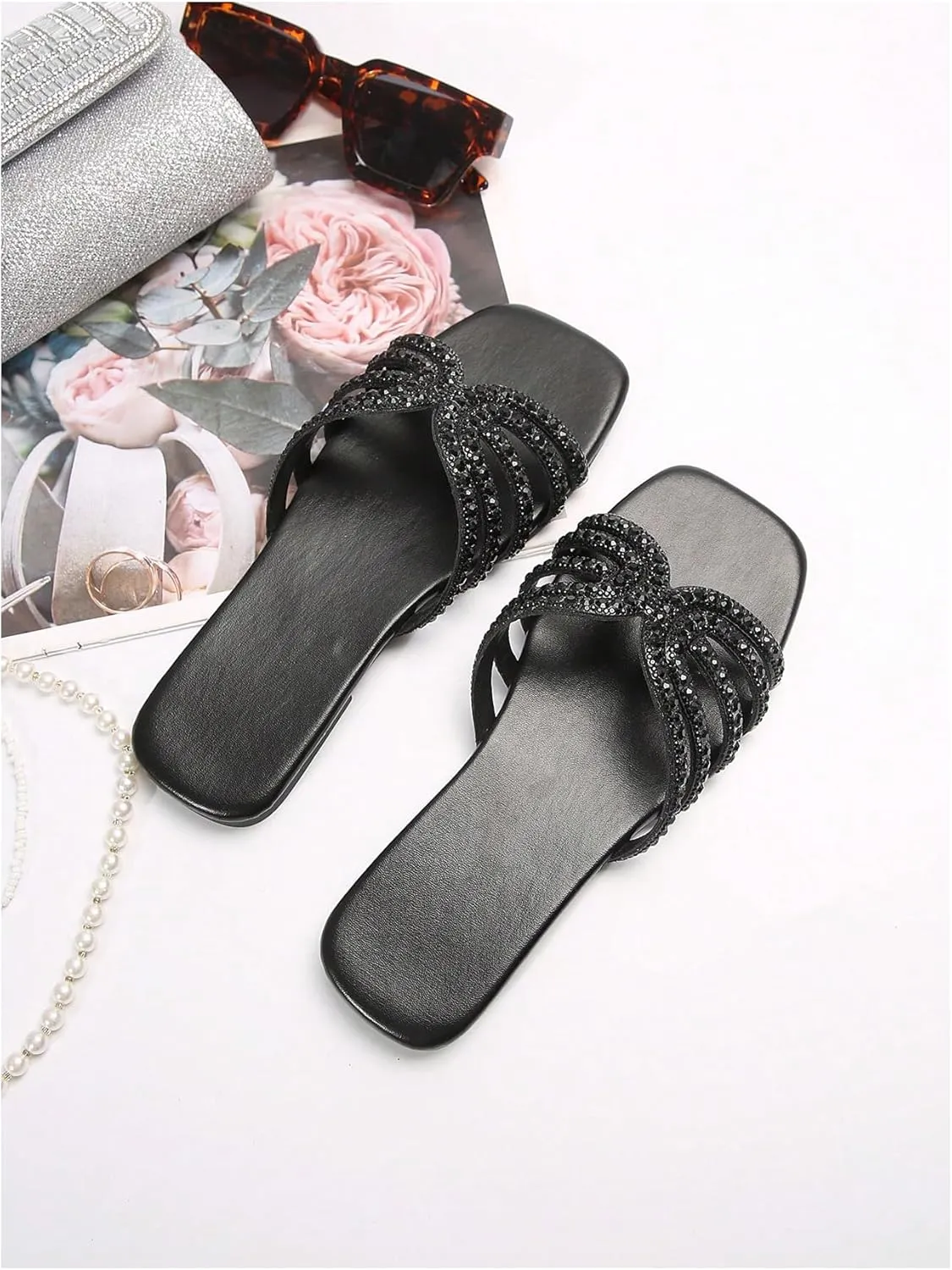 GORGLITTER Women's Sparkly Rhinestone Flat Sandals Metallic Slip On Open Toe Slide Sandals