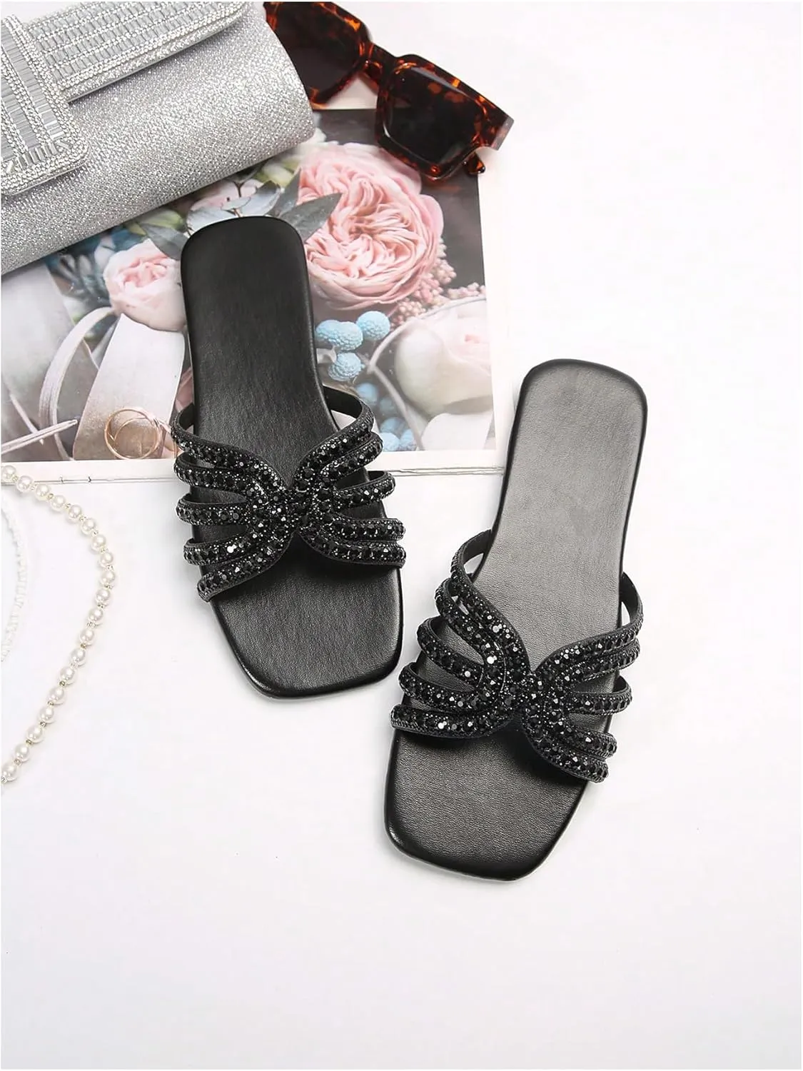 GORGLITTER Women's Sparkly Rhinestone Flat Sandals Metallic Slip On Open Toe Slide Sandals