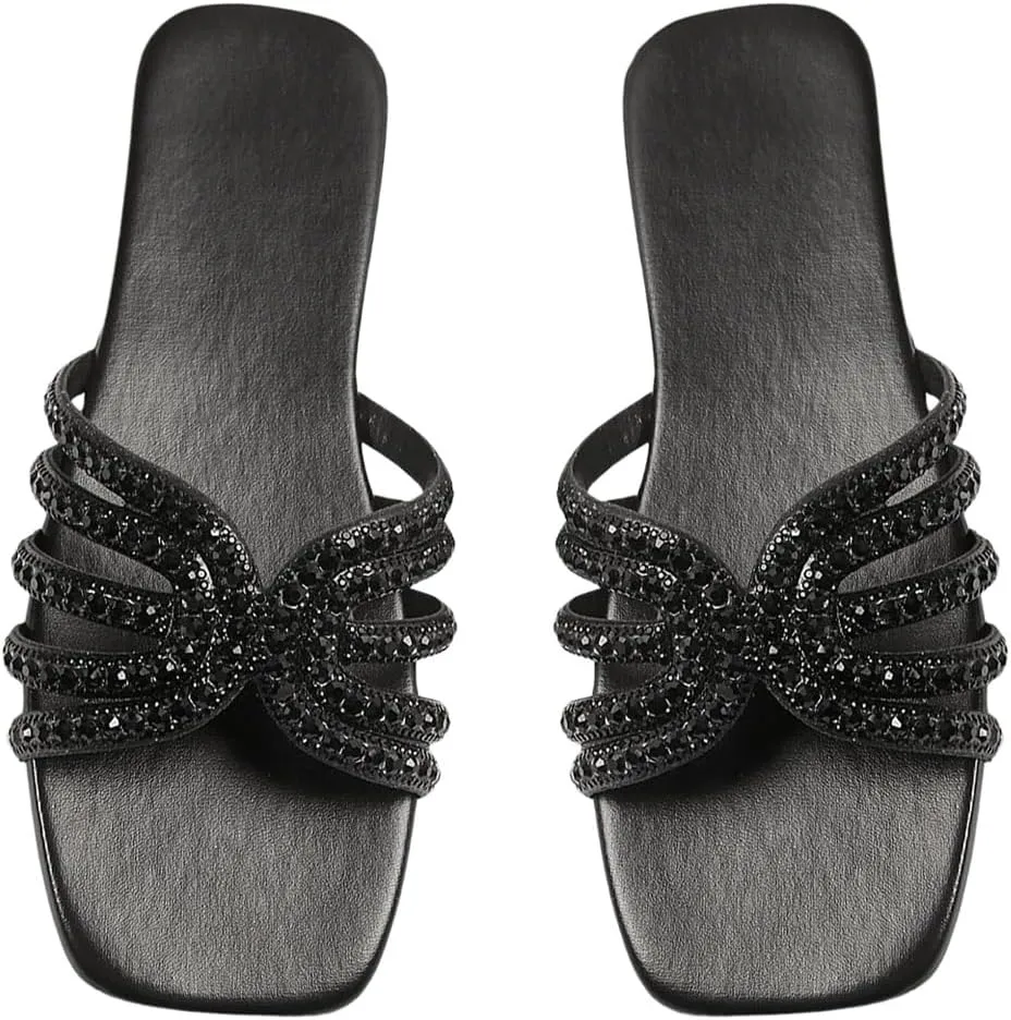 GORGLITTER Women's Sparkly Rhinestone Flat Sandals Metallic Slip On Open Toe Slide Sandals