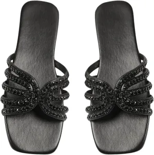 GORGLITTER Women's Sparkly Rhinestone Flat Sandals Metallic Slip On Open Toe Slide Sandals
