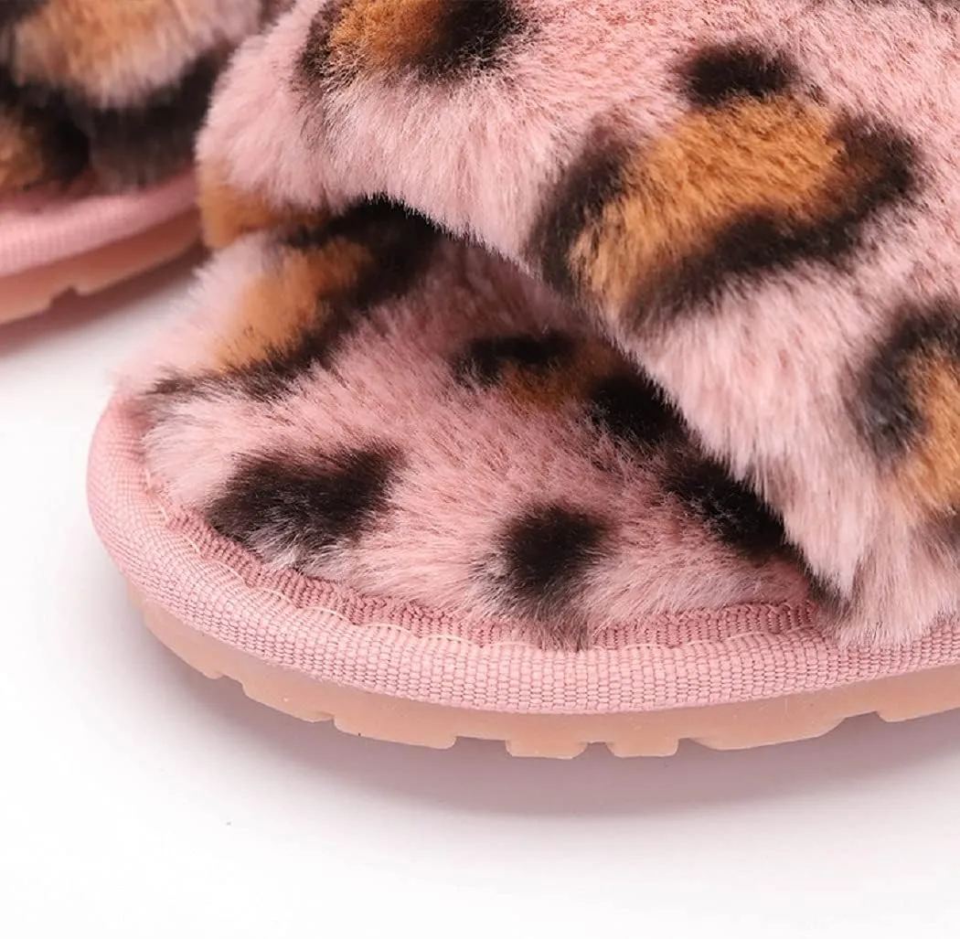 HANDKEI Winter women's furry fur slippers open-toed home leopard print slippers soft flat non-slip slippers