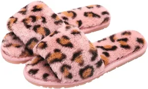 HANDKEI Winter women's furry fur slippers open-toed home leopard print slippers soft flat non-slip slippers