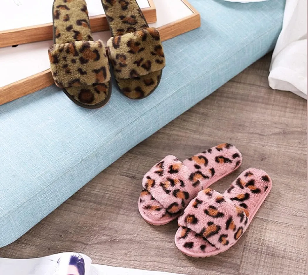 HANDKEI Winter women's furry fur slippers open-toed home leopard print slippers soft flat non-slip slippers