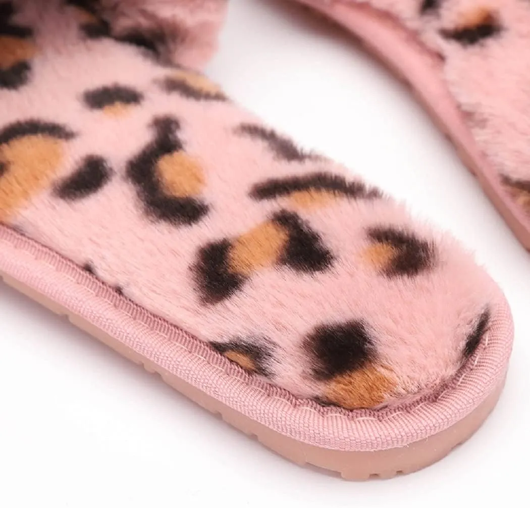 HANDKEI Winter women's furry fur slippers open-toed home leopard print slippers soft flat non-slip slippers