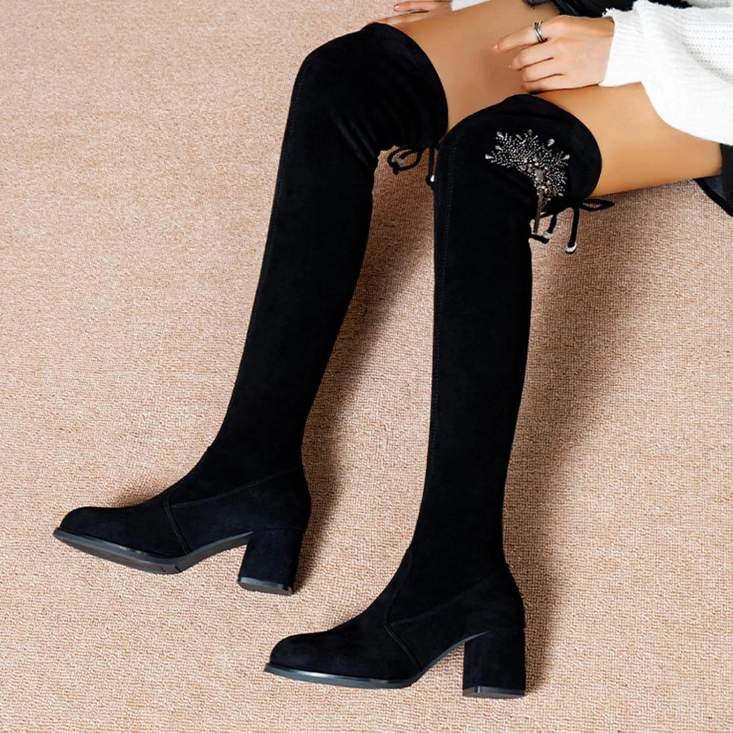 Hbeylia Platform Tight High Boots for Women Ladies Fashion Stretch Knitted Leather Round Toe Chunky Bottom Slip On Flats Over The Knee Boots Casual Non Slip Winter Fall Long Tall Boots for Wedding