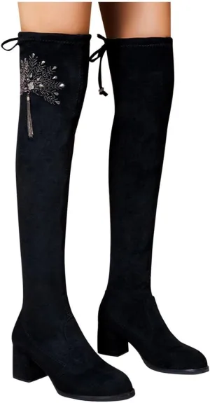 Hbeylia Platform Tight High Boots for Women Ladies Fashion Stretch Knitted Leather Round Toe Chunky Bottom Slip On Flats Over The Knee Boots Casual Non Slip Winter Fall Long Tall Boots for Wedding