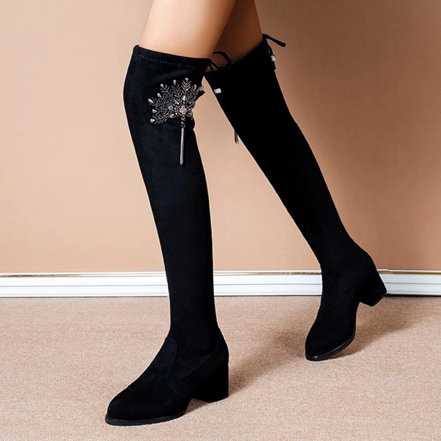 Hbeylia Platform Tight High Boots for Women Ladies Fashion Stretch Knitted Leather Round Toe Chunky Bottom Slip On Flats Over The Knee Boots Casual Non Slip Winter Fall Long Tall Boots for Wedding