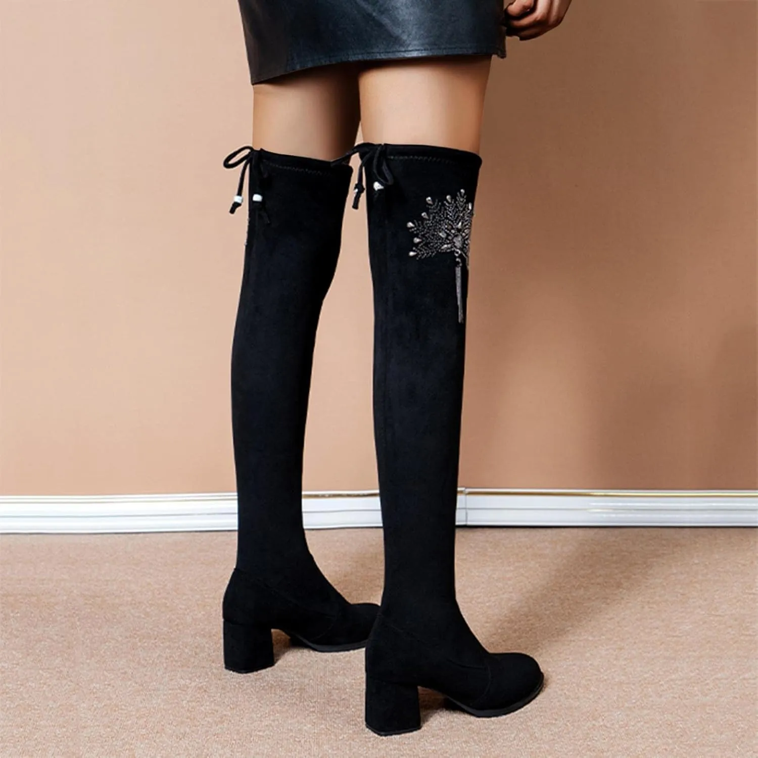Hbeylia Platform Tight High Boots for Women Ladies Fashion Stretch Knitted Leather Round Toe Chunky Bottom Slip On Flats Over The Knee Boots Casual Non Slip Winter Fall Long Tall Boots for Wedding