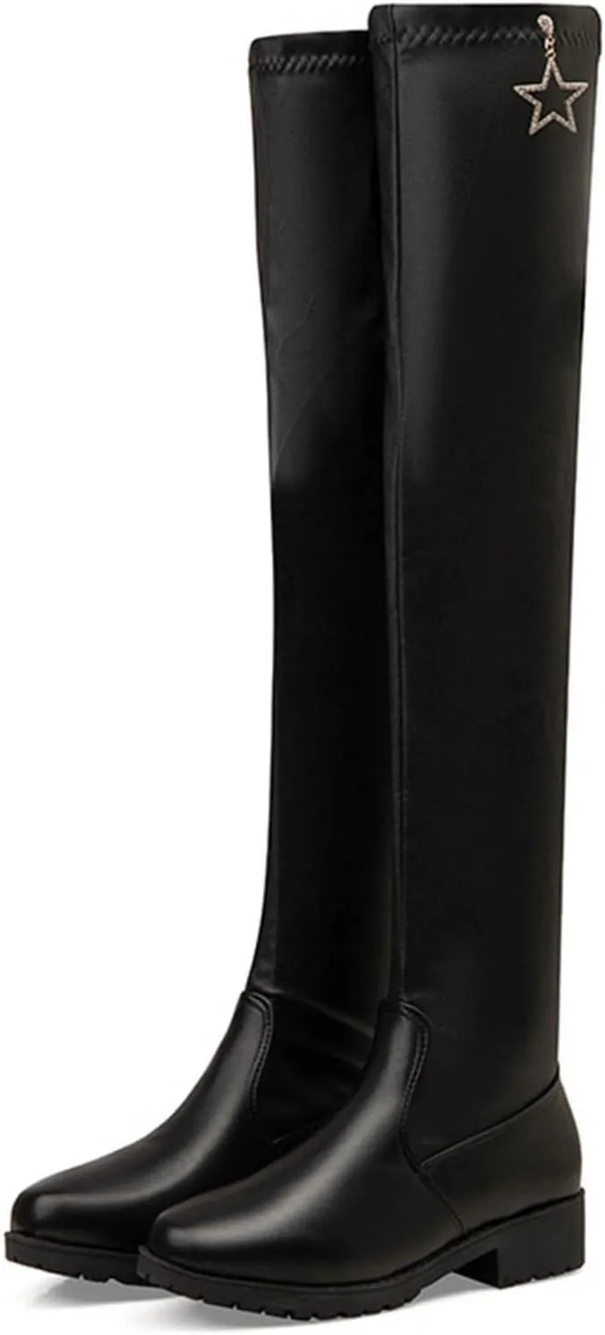Hbeylia Platform Tight High Boots for Women Ladies Fashion Stretch Knitted Leather Round Toe Chunky Bottom Slip On Flats Over The Knee Boots Casual Non Slip Winter Fall Long Tall Boots for Wedding
