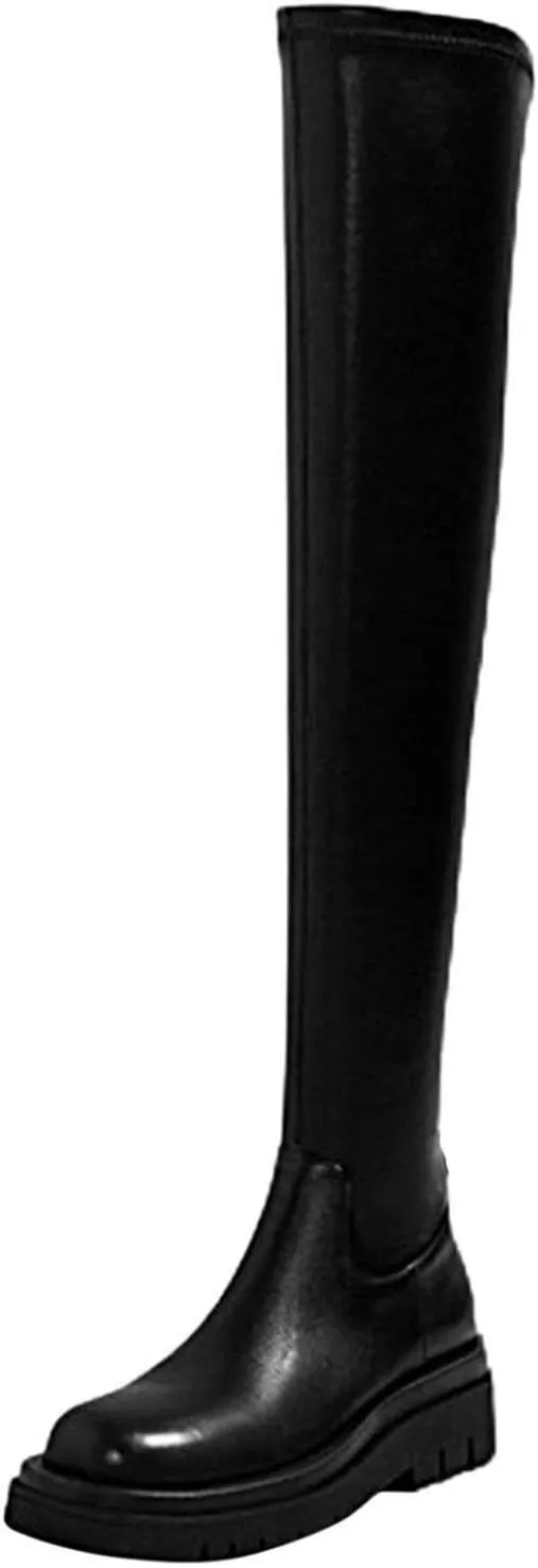 Hbeylia Platform Tight High Boots for Women Ladies Fashion Stretch Knitted Leather Round Toe Chunky Bottom Slip On Flats Over The Knee Boots Casual Non Slip Winter Fall Long Tall Boots for Wedding