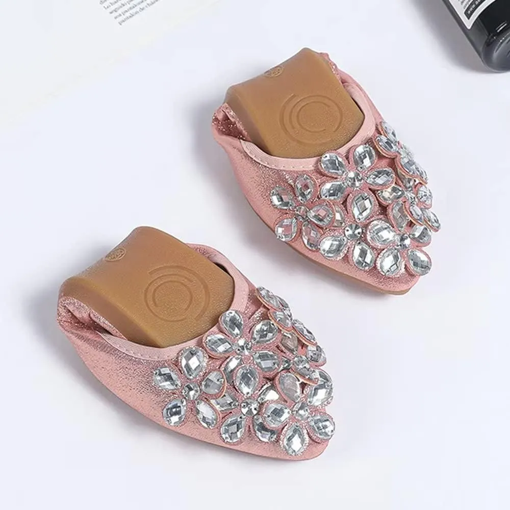 Hee grand Women Foldable Ballet Flats Bling Rhinestones Soft Leather Pointy Toe Flats Sparkle Wedding Dress Shoes Comfort Slip on Loafers Big Size