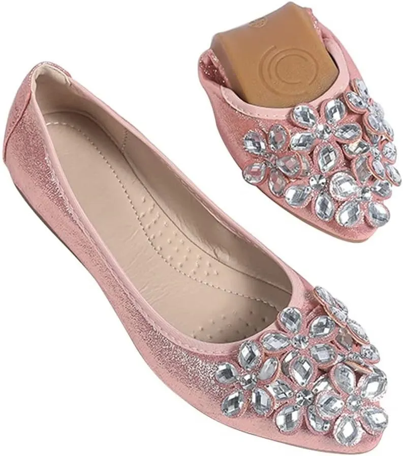 Hee grand Women Foldable Ballet Flats Bling Rhinestones Soft Leather Pointy Toe Flats Sparkle Wedding Dress Shoes Comfort Slip on Loafers Big Size