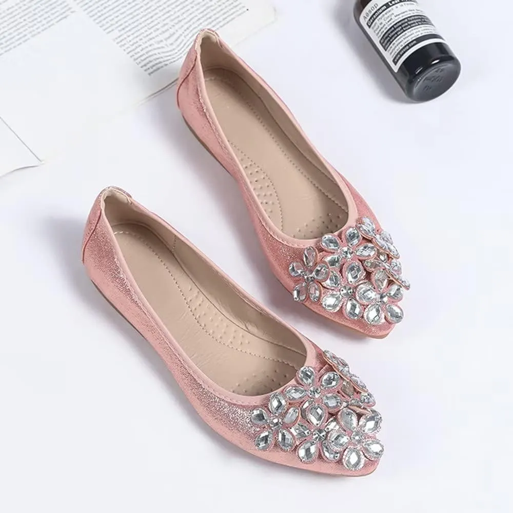 Hee grand Women Foldable Ballet Flats Bling Rhinestones Soft Leather Pointy Toe Flats Sparkle Wedding Dress Shoes Comfort Slip on Loafers Big Size
