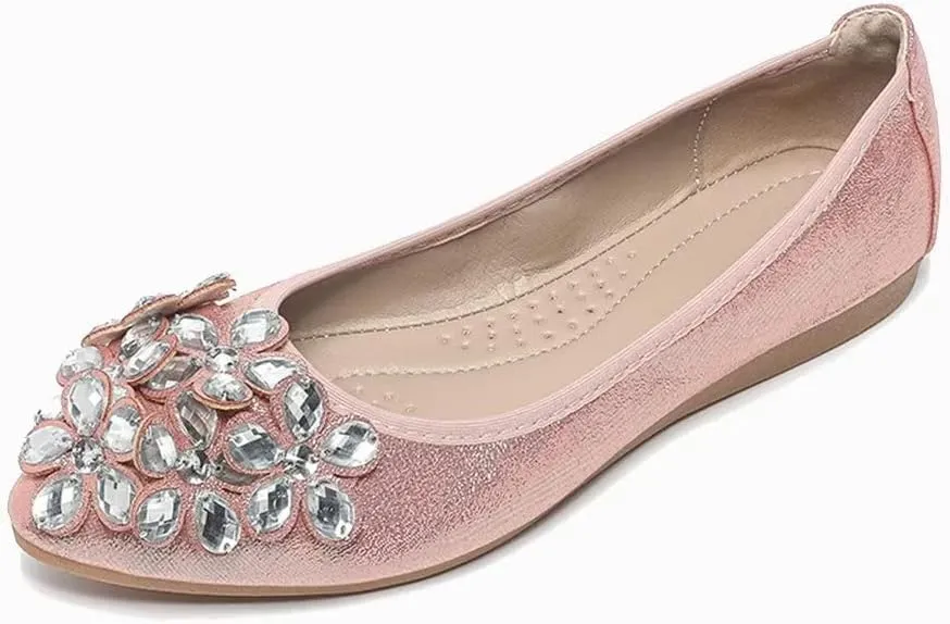 Hee grand Women Foldable Ballet Flats Bling Rhinestones Soft Leather Pointy Toe Flats Sparkle Wedding Dress Shoes Comfort Slip on Loafers Big Size