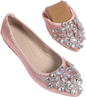 Hee grand Women Foldable Ballet Flats Bling Rhinestones Soft Leather Pointy Toe Flats Sparkle Wedding Dress Shoes Comfort Slip on Loafers Big Size