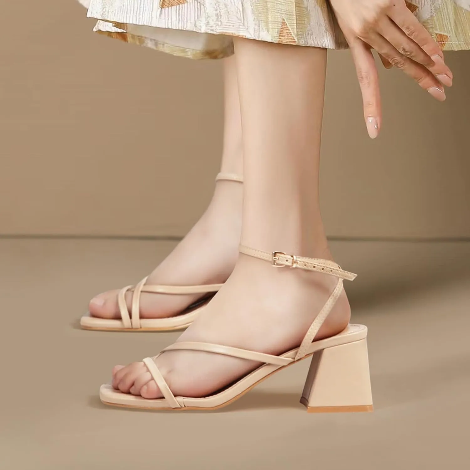 Heels Charm Women's Low Chunky Block Heeled Sandals 2.68 Inches Open Toe Cross Ankle Strap Block High Heel Sandal Dress Dancing Chunky Sandals Daily Work Party Wedding Shoes