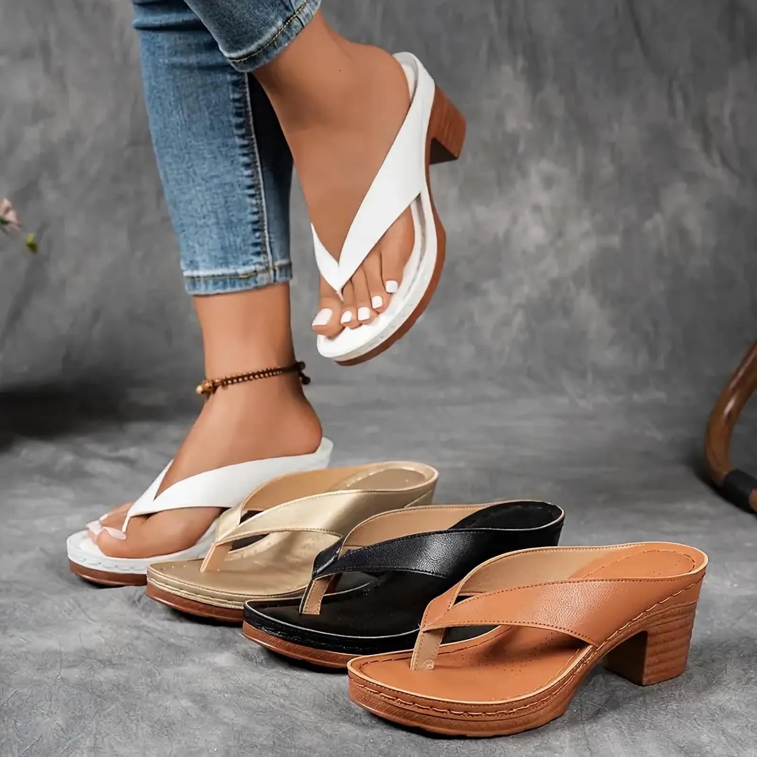 Heels for Women Flip Flops Block Low Heel Thong Sandals Summer Dressy Orthopedic Sandal Arch Support Slip On 2025 Comfortable Slip-On Open Toe Heeled Bridal Party Wedding Shoes Casual Wedge Mules