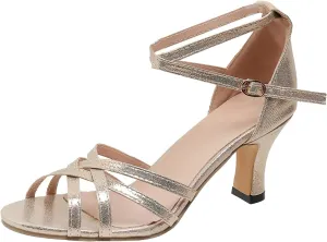 High Heels for Women Latin Dance Shoes Open Toe Heels with Ankle Strap Satin Ballroom Practice Performance Shoes
