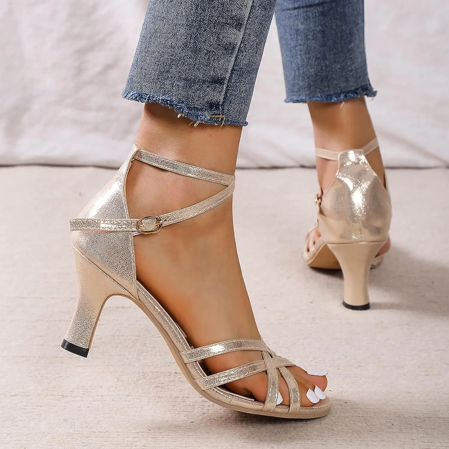 High Heels for Women Latin Dance Shoes Open Toe Heels with Ankle Strap Satin Ballroom Practice Performance Shoes