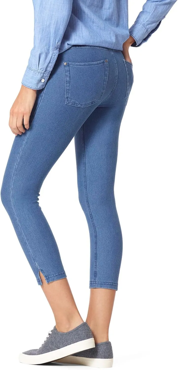 HUE Women's Essential Denim Capri Leggings with Pockets and Side Slits, Comfortable Pull On Pants
