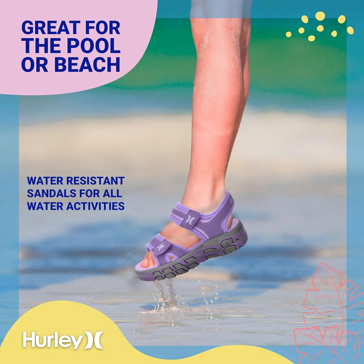 Hurley Loni Toddler Water Shoes, Beach Essentials, Girls and Boys Open Toe Sandals, Lightweight, Breathable and Two Adjustable Straps