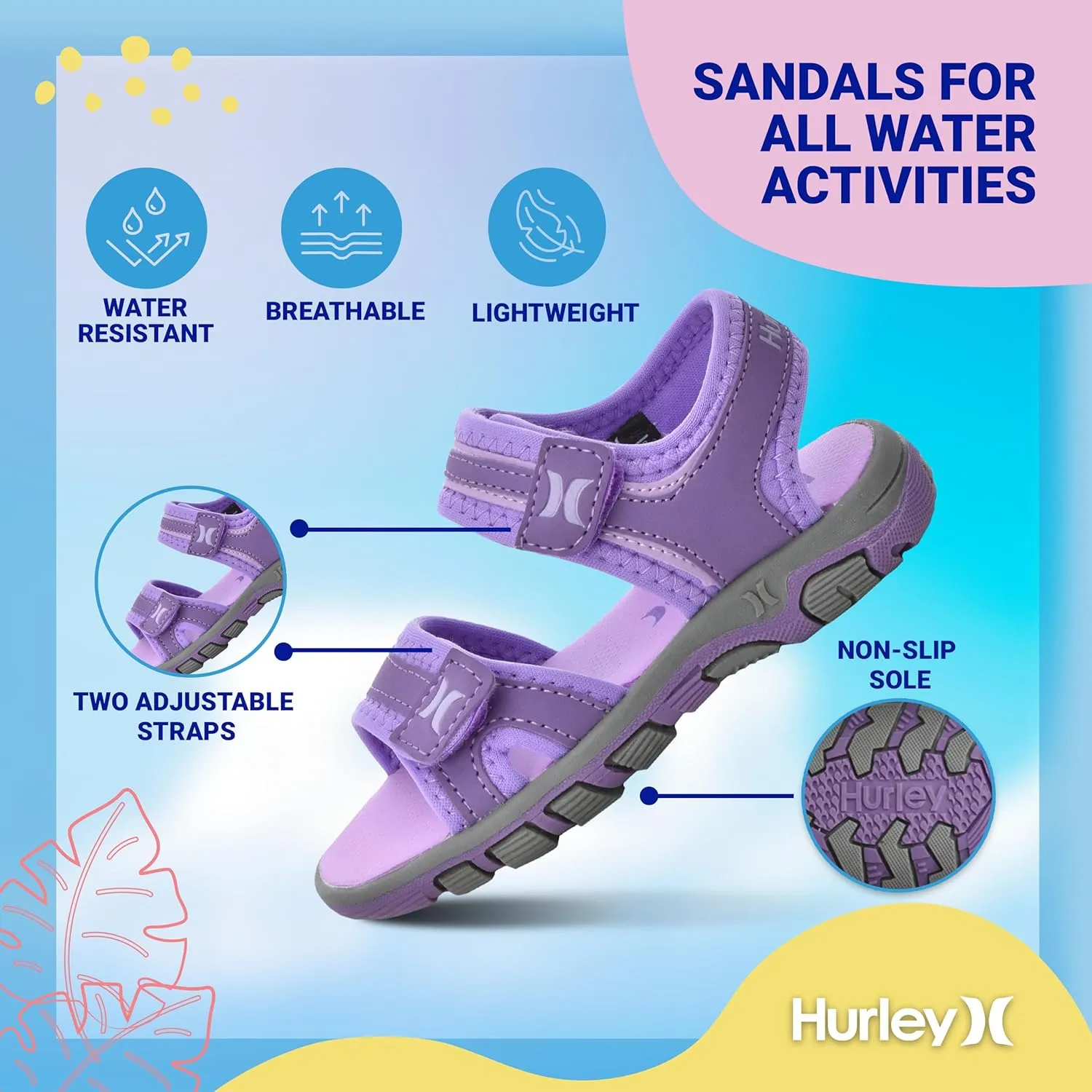 Hurley Loni Toddler Water Shoes, Beach Essentials, Girls and Boys Open Toe Sandals, Lightweight, Breathable and Two Adjustable Straps