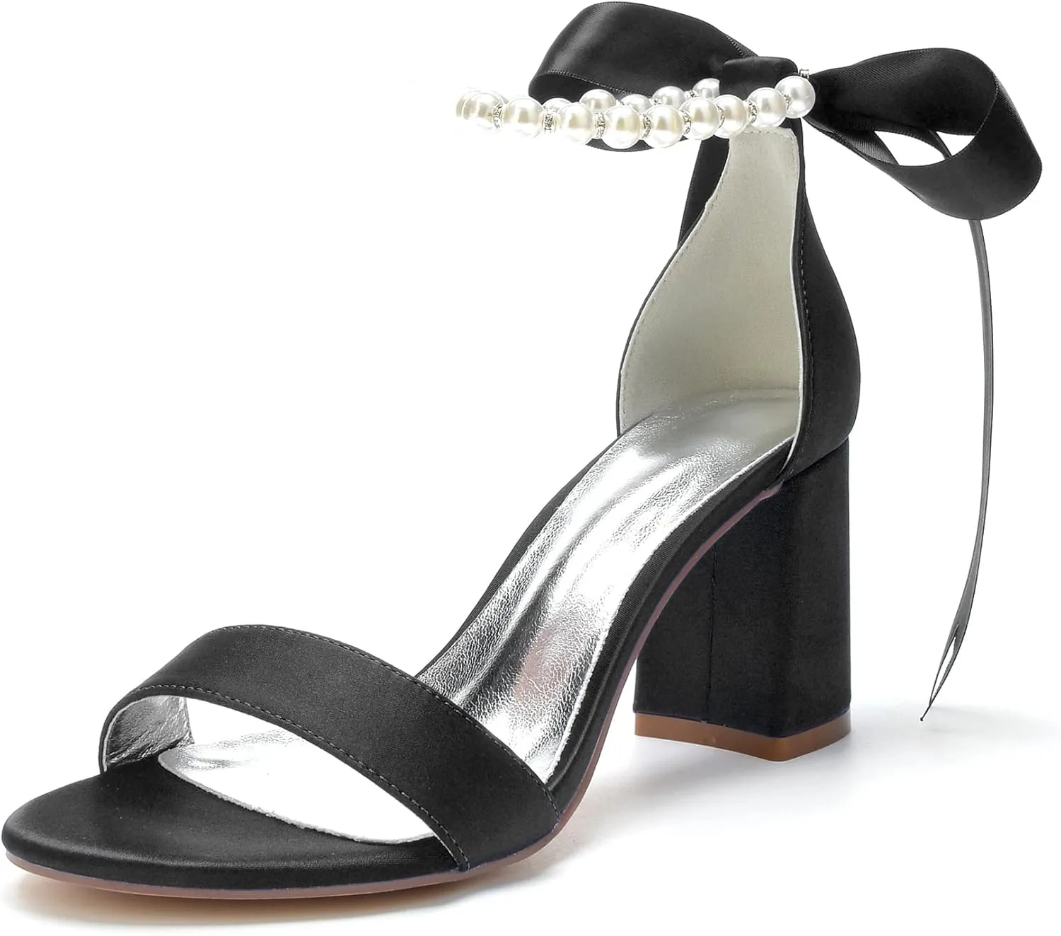 Hyinlays Chunky Block Heels for Women High Heel with Pearls Ankle Strap Wedding Shoes Open Toe Heels Dressy Pumps Sandals