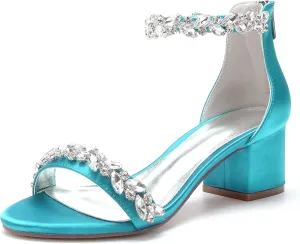 Hyinlays Women's Open Toe Ankle Strap Low Block Chunky Heels Crystal Satin Wedding Sandals Prom Party Dress Pump Shoes