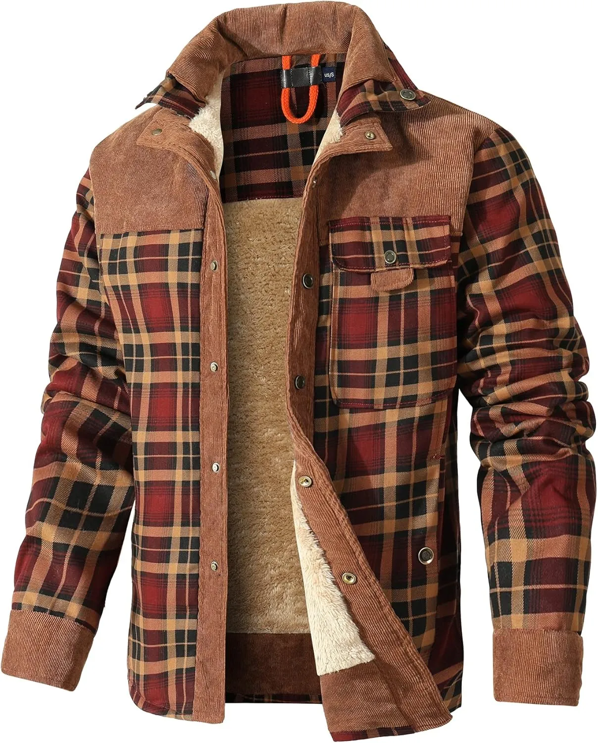 HYPESTFIT Men's Corduroy Plaid Sherpa Lined Flannel Shirt Jacket Fleece Coat