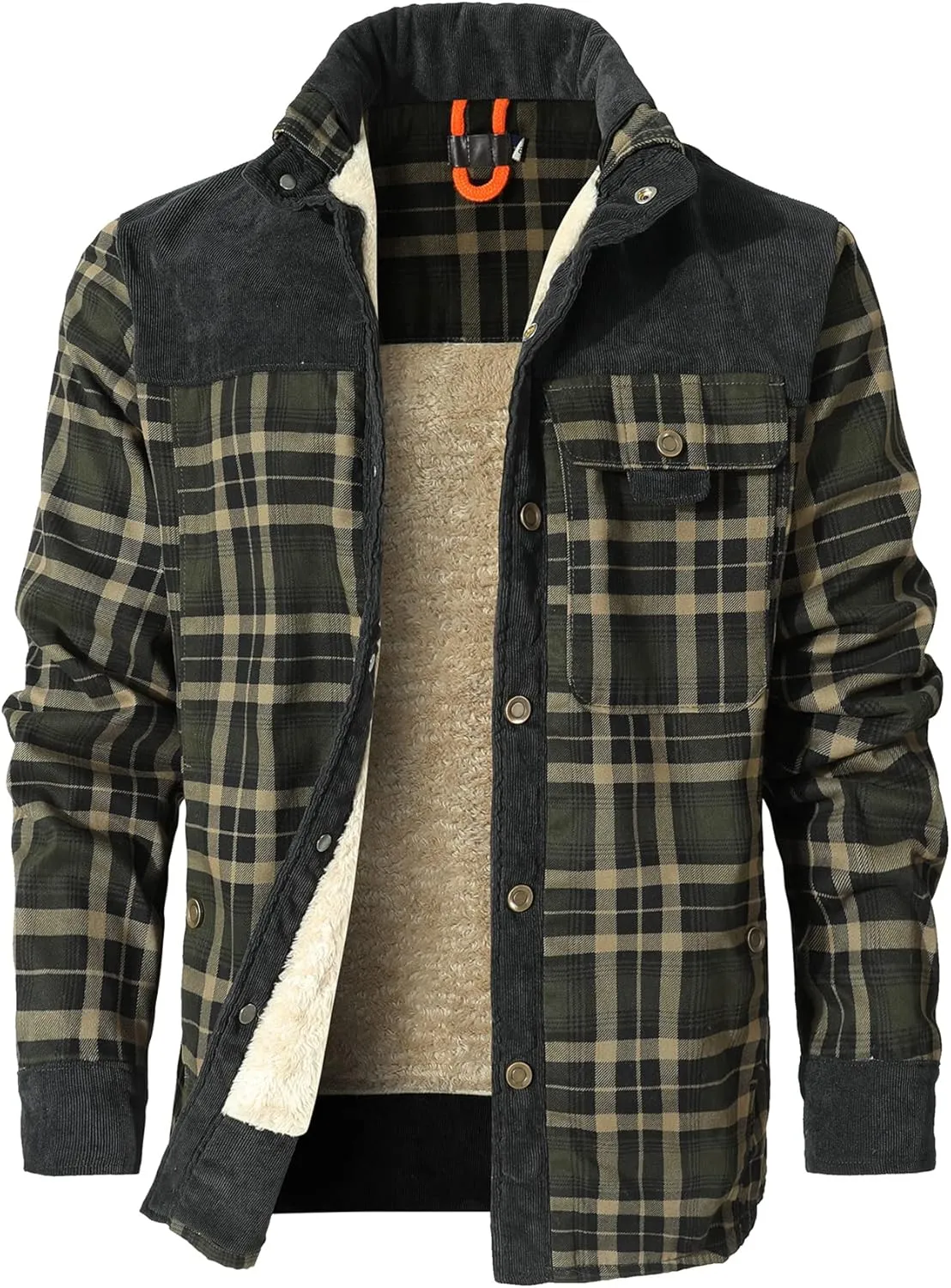 HYPESTFIT Men's Corduroy Plaid Sherpa Lined Flannel Shirt Jacket Fleece Coat
