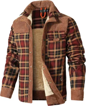 HYPESTFIT Men's Corduroy Plaid Sherpa Lined Flannel Shirt Jacket Fleece Coat