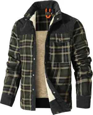 HYPESTFIT Men's Corduroy Plaid Sherpa Lined Flannel Shirt Jacket Fleece Coat