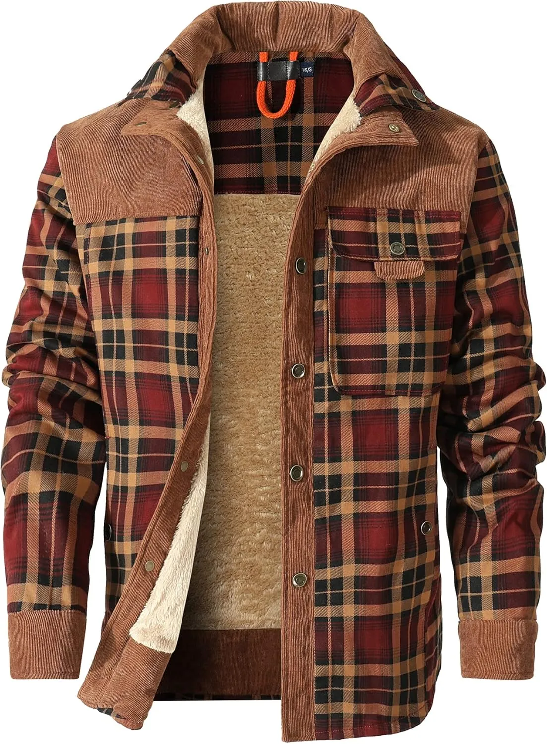 HYPESTFIT Men's Corduroy Plaid Sherpa Lined Flannel Shirt Jacket Fleece Coat
