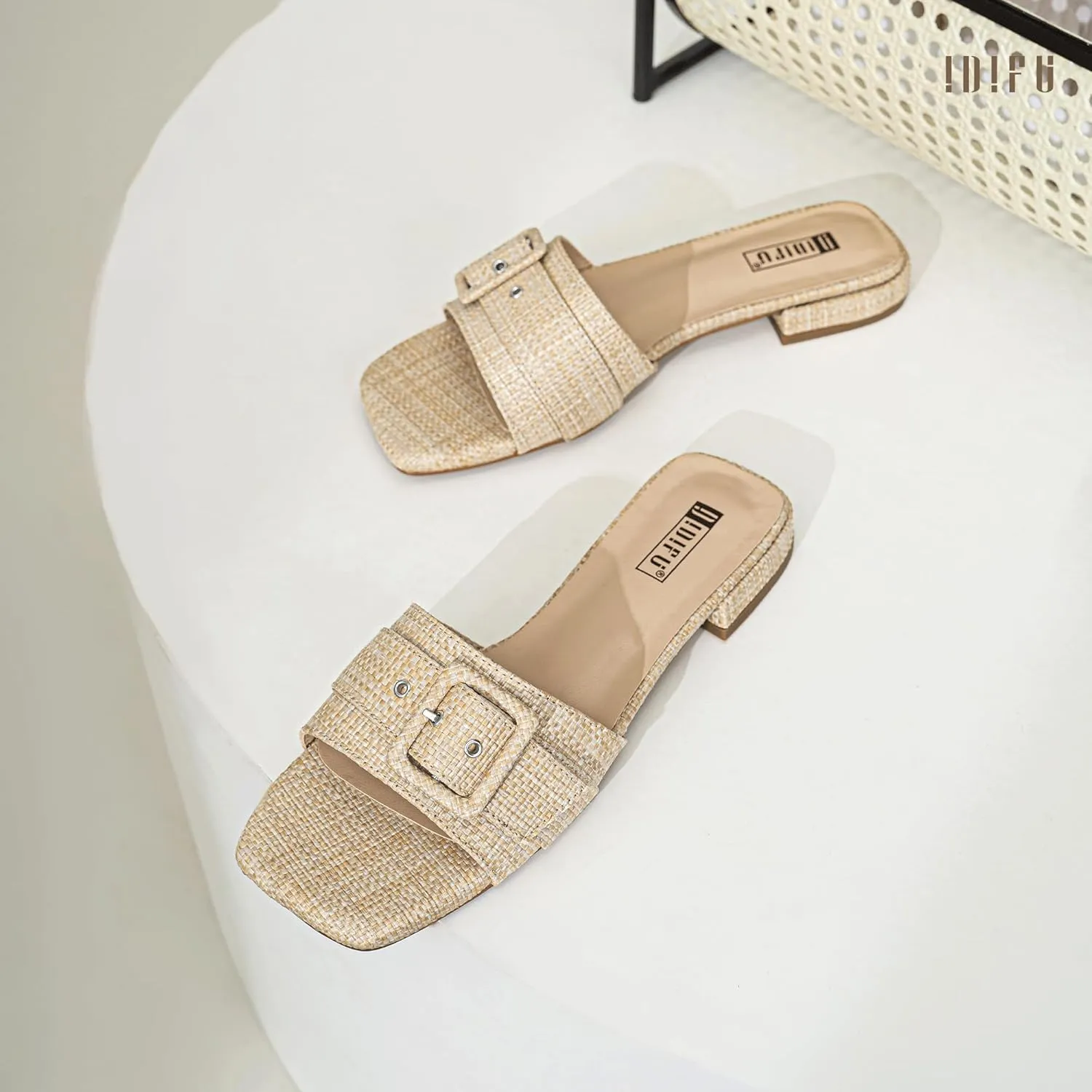 IDIFU Buckle Square Open Toe Women's Flat Sandals Slip On Strap Slide Sandals Beach Ladies Dress Sandals for Women Dressy Comfortable Cute Casual Trendy Fashion Stylish Summer Shoes Flats Sandals