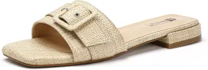 IDIFU Buckle Square Open Toe Women's Flat Sandals Slip On Strap Slide Sandals Beach Ladies Dress Sandals for Women Dressy Comfortable Cute Casual Trendy Fashion Stylish Summer Shoes Flats Sandals
