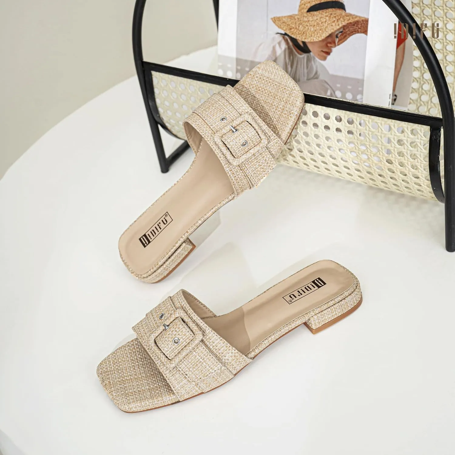 IDIFU Buckle Square Open Toe Women's Flat Sandals Slip On Strap Slide Sandals Beach Ladies Dress Sandals for Women Dressy Comfortable Cute Casual Trendy Fashion Stylish Summer Shoes Flats Sandals