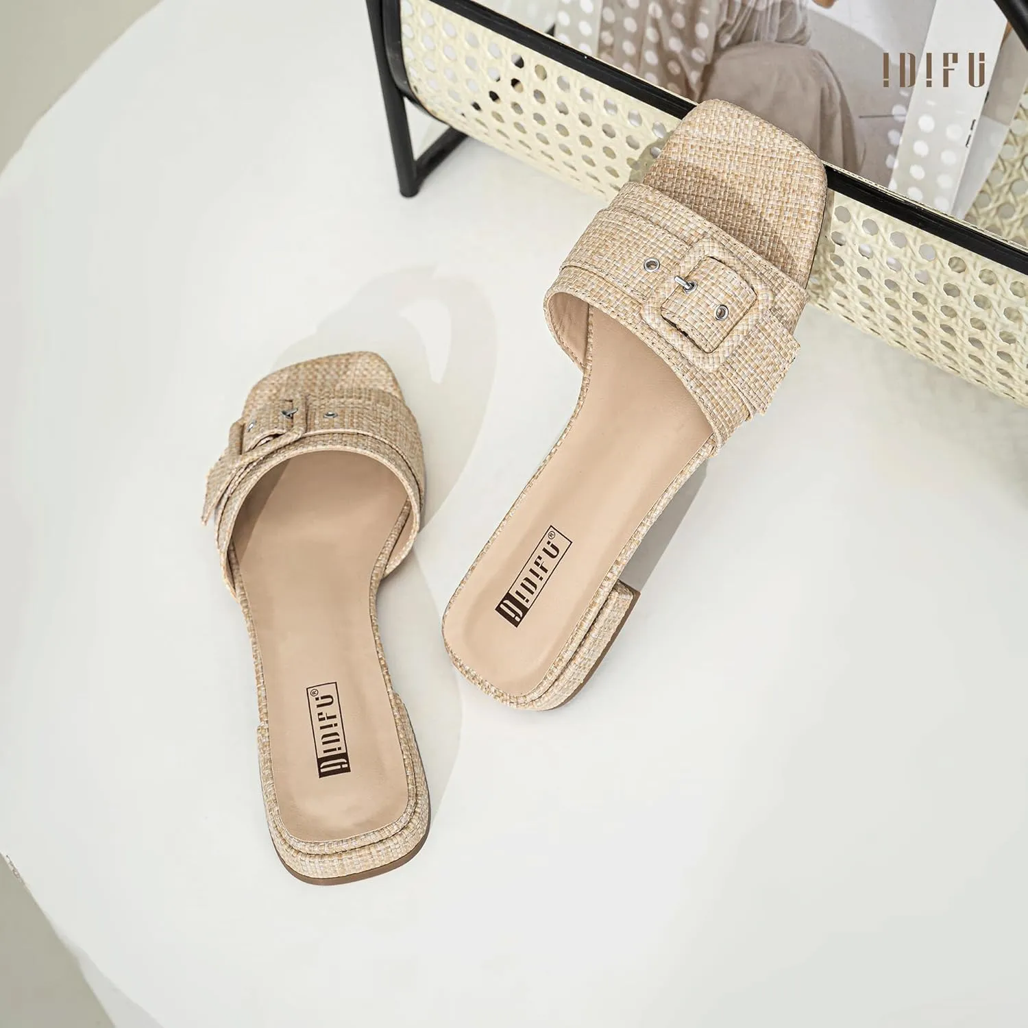 IDIFU Buckle Square Open Toe Women's Flat Sandals Slip On Strap Slide Sandals Beach Ladies Dress Sandals for Women Dressy Comfortable Cute Casual Trendy Fashion Stylish Summer Shoes Flats Sandals