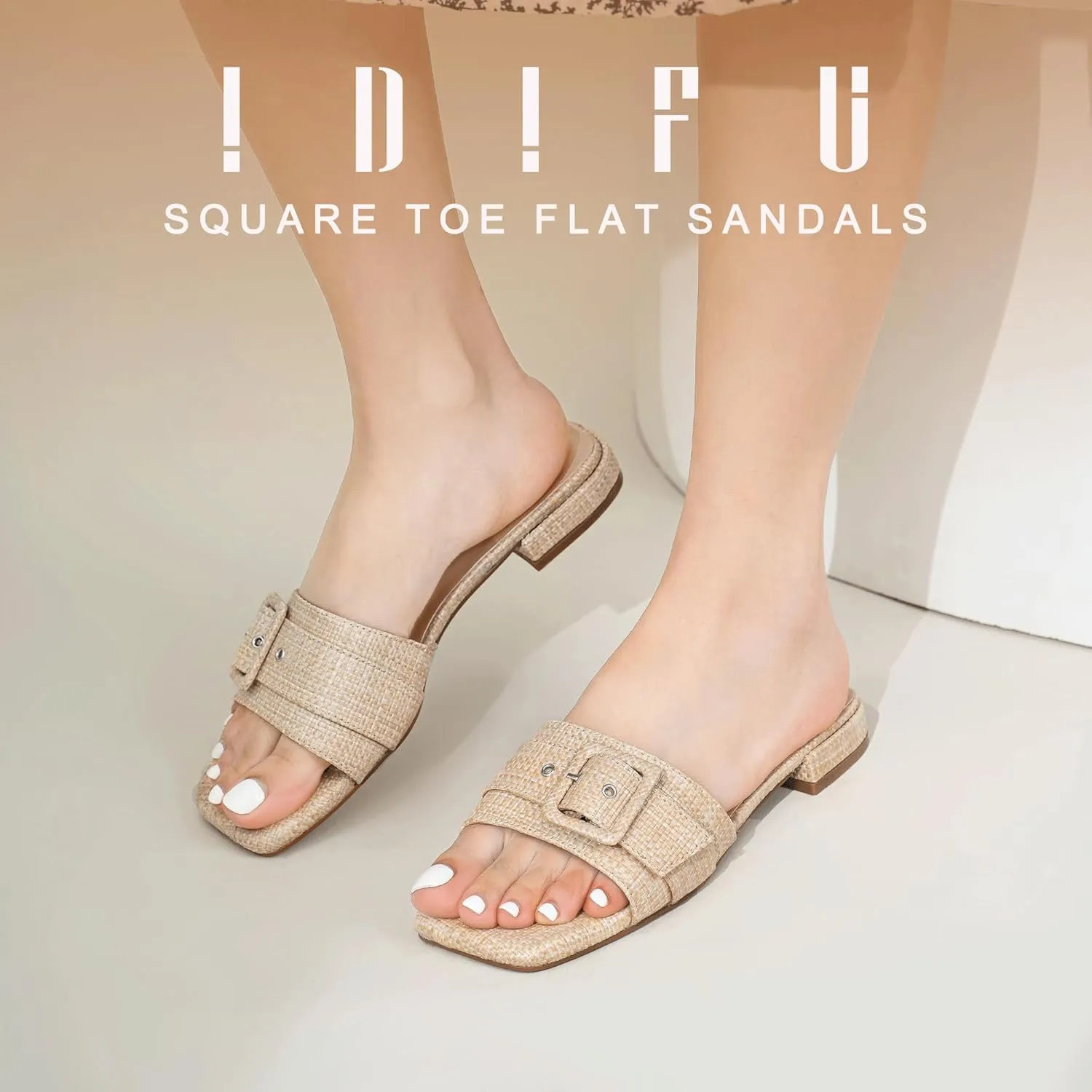 IDIFU Buckle Square Open Toe Women's Flat Sandals Slip On Strap Slide Sandals Beach Ladies Dress Sandals for Women Dressy Comfortable Cute Casual Trendy Fashion Stylish Summer Shoes Flats Sandals