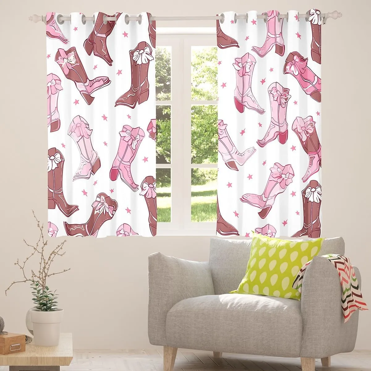 jejeloiu Cowgirl Boots 30%-50% Blackout Curtains (2 Panels, 42 x 84 Inch) Cute Western Curtains for Bedroom Living Room Pink Kawaii Decor Darkening Drapes