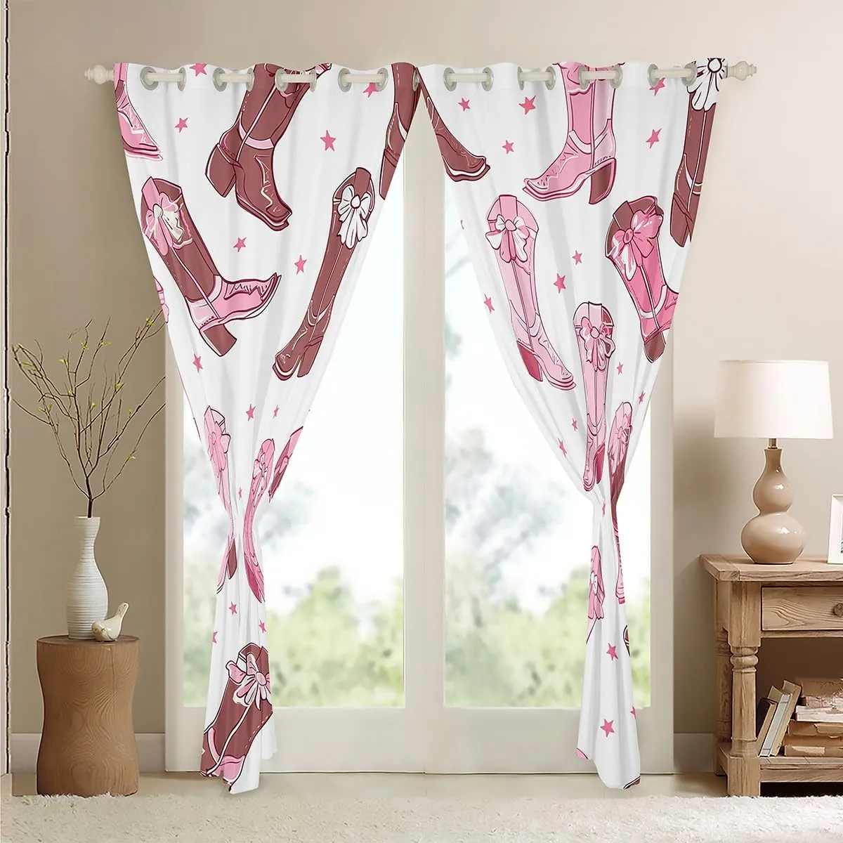 jejeloiu Cowgirl Boots 30%-50% Blackout Curtains (2 Panels, 42 x 84 Inch) Cute Western Curtains for Bedroom Living Room Pink Kawaii Decor Darkening Drapes