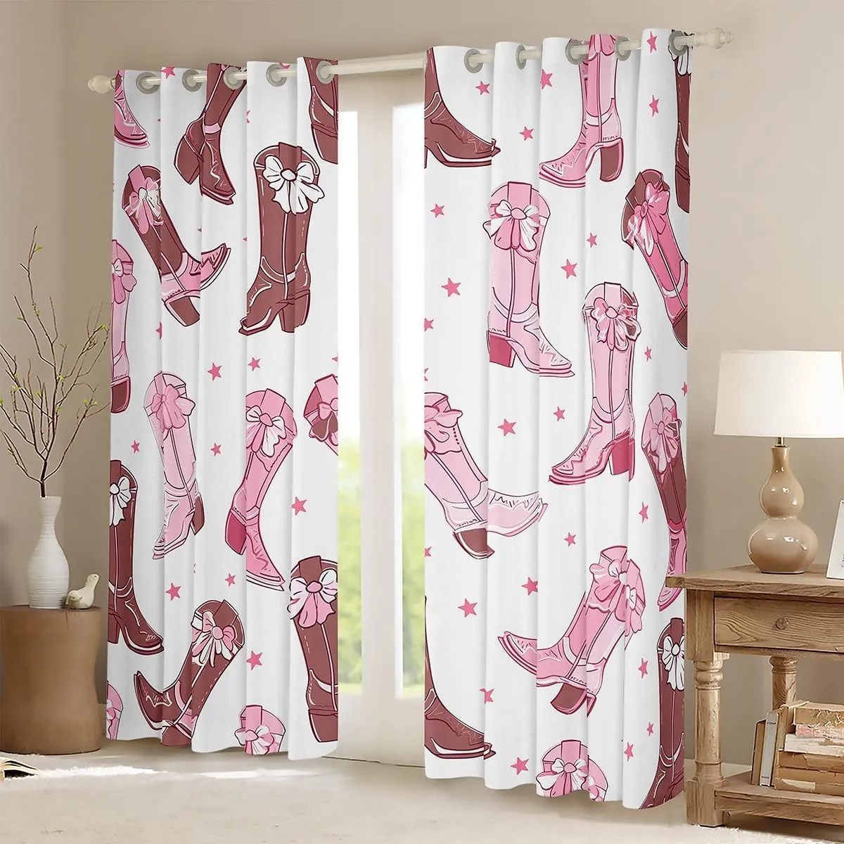 jejeloiu Cowgirl Boots 30%-50% Blackout Curtains (2 Panels, 42 x 84 Inch) Cute Western Curtains for Bedroom Living Room Pink Kawaii Decor Darkening Drapes