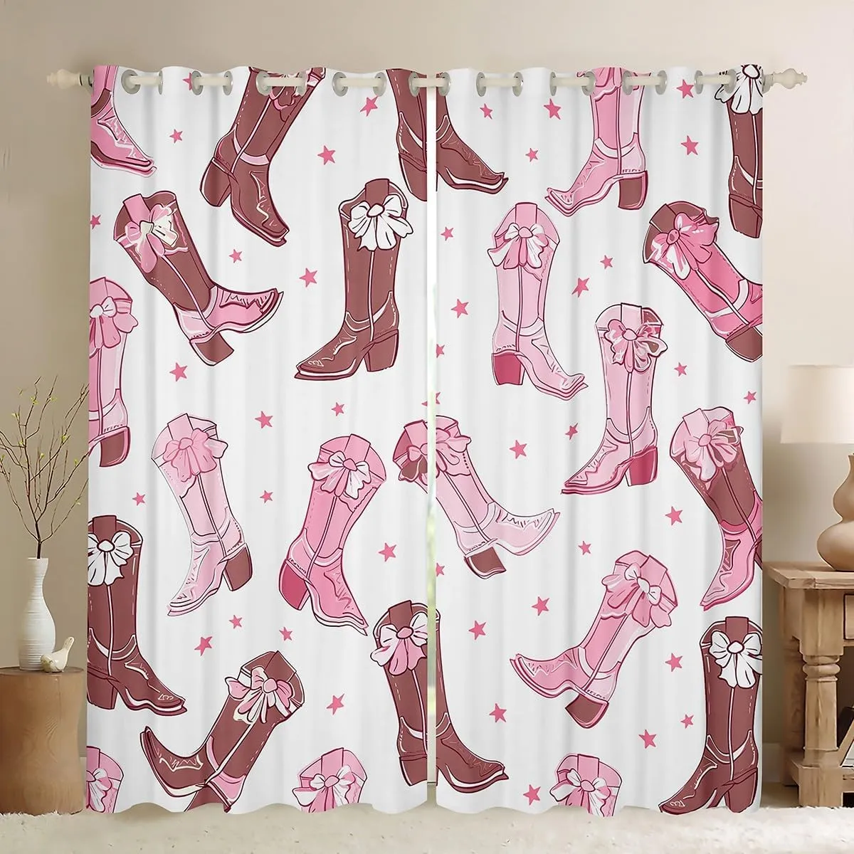 jejeloiu Cowgirl Boots 30%-50% Blackout Curtains (2 Panels, 42 x 84 Inch) Cute Western Curtains for Bedroom Living Room Pink Kawaii Decor Darkening Drapes