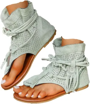 JITUUE Women's Flat Sandals Retro Bohemian Gladiator Fringe Tassel Sandal Ankle Boots Summer Casual Flat Clip Comfortable T-Strap Roman Beach Shoes