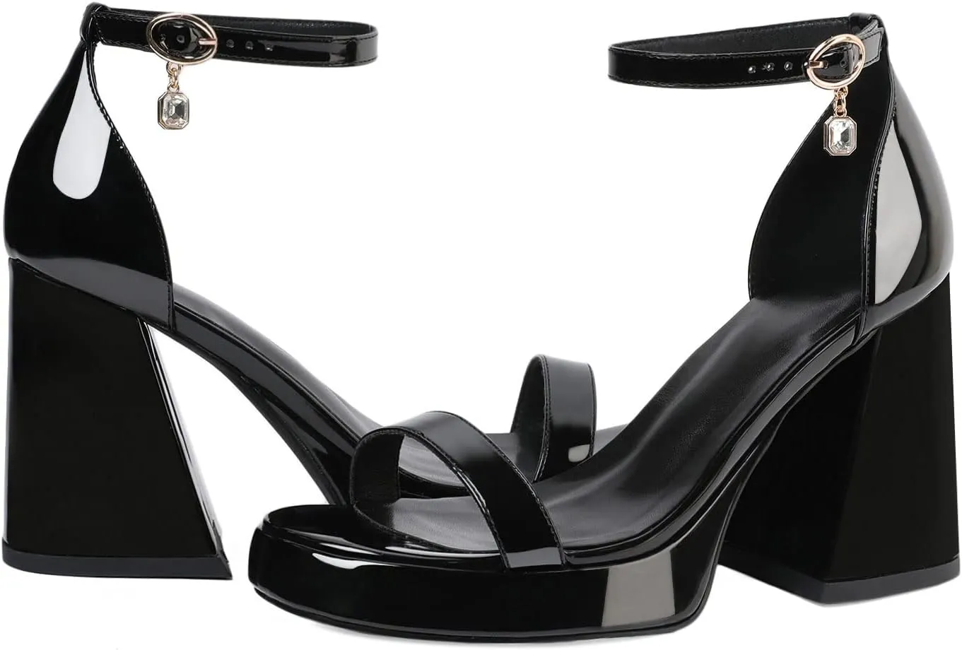 Joseywade Heeled Sandals Strappy Platform Chunky Block High Heels Round Open Toe 4 Inch Ankle Strap Sexy Work Dance Shoes